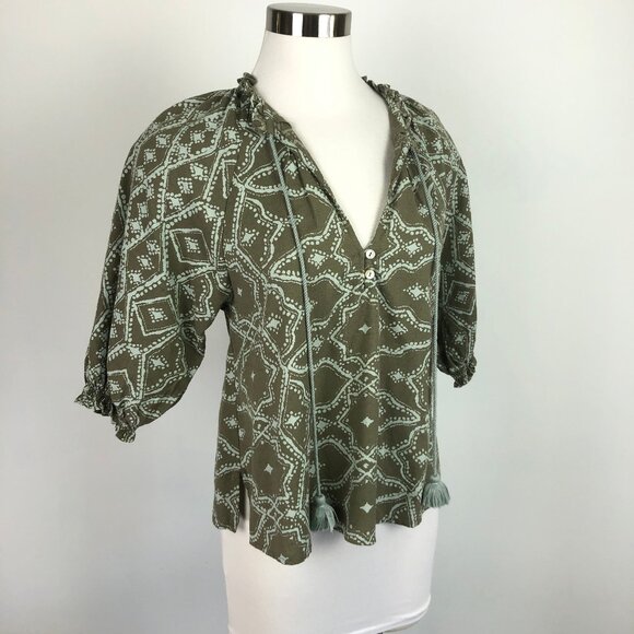 Omika NWOT Batik Linen Blend Peasant Blouse Handmade India Tassel XS Runs Larger - Picture 3 of 8